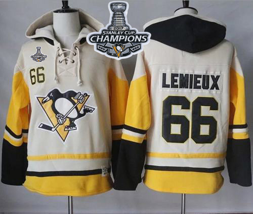 Penguins #66 Mario Lemieux Cream/Gold Sawyer Hooded Sweatshirt Stanley Cup Finals Champions Stitched NHL Jersey